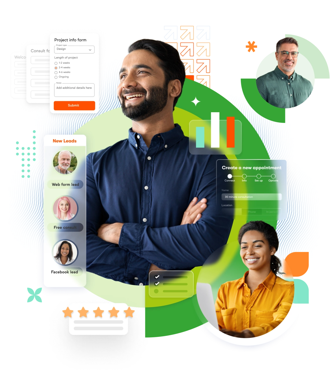 Business automation dashboard showing CRM interface with diverse team members and workflow management tools